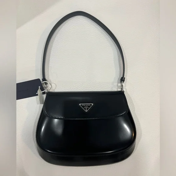 ショルダーバッグ・ポシェット Prada Cleo Brushed Leather Mini Bag with Flap Black Black Small Prada Cleo Brushed Leather Shoulder Bag With